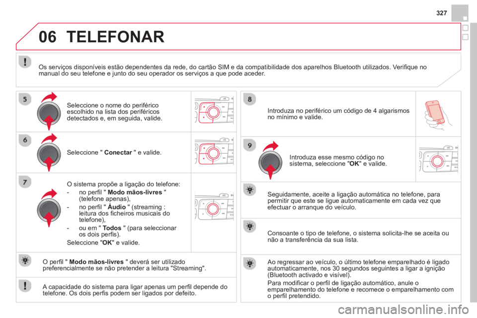 CITROEN DS4 2014 Manual do condutor (in Portuguese) 06
327
Seleccione " Conectar
" e valide.
O sistema propõe a ligação do telefone:
- no perfi l " Modo mãos-livres
"
(telefone apenas),
- no perfi l " Áudio
" (s CITROEN DS4 2014 Manual do condutor (in Portuguese) 06
327
Seleccione " Conectar
" e valide.
O sistema propõe a ligação do telefone:
- no perfi l " Modo mãos-livres
"
(telefone apenas),
- no perfi l " Áudio
" (s