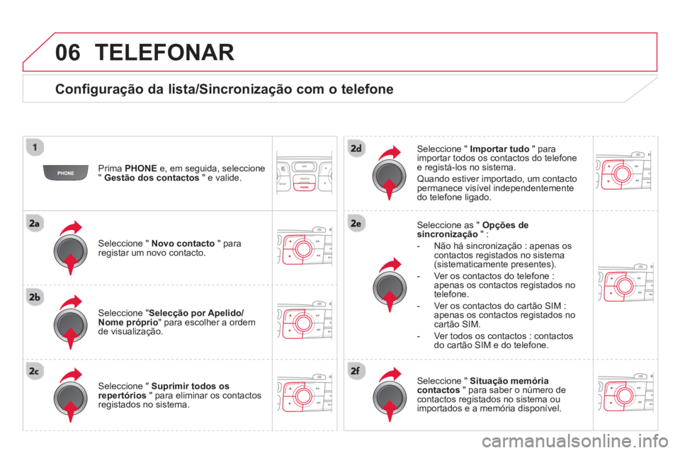 CITROEN DS4 2014  Manual do condutor (in Portuguese) 06  TELEFONAR 
 
 
Configuração da lista/Sincronização com o telefone 
 
 
Prima  PHONE 
 e, em seguida, seleccione 
"  Gestão dos contactos 
 " e valide.  
   
Seleccione "  Novo contacto 
 " pa