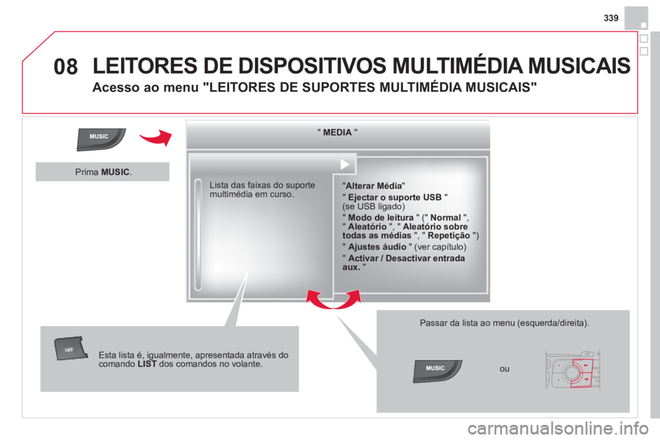 CITROEN DS4 2014  Manual do condutor (in Portuguese) 08
339
  LEITORES DE DISPOSITIVOS MULTIMÉDIA MUSICAIS 
 
 
 
 
 
 
 
Acesso ao menu "LEITORES DE SUPORTES MULTIMÉDIA MUSICAIS" 
 
 
"  MEDIA 
 "  
   
" Alterar Média 
" 
  "  Ejectar o suporte USB