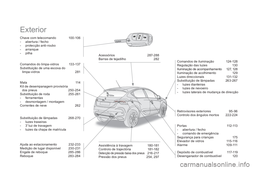 CITROEN DS4 2014  Manual do condutor (in Portuguese)   Exterior  
 
 
Chave com telecomando  100 -106 
   
 
-   abertura / fecho 
   
-  protecção anti-roubo 
   
-  arranque 
   
-  pilha  
 
   
Comandos de iluminação  124-128 
  Regulação das 