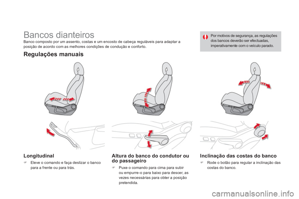 CITROEN DS4 2014  Manual do condutor (in Portuguese)    
 
 
 
 
 
 
 
Bancos dianteiros  
Banco composto por um assento, costas e um encosto de cabeça reguláveis para adaptar a 
posição de acordo com as melhores condições de condução e conforto