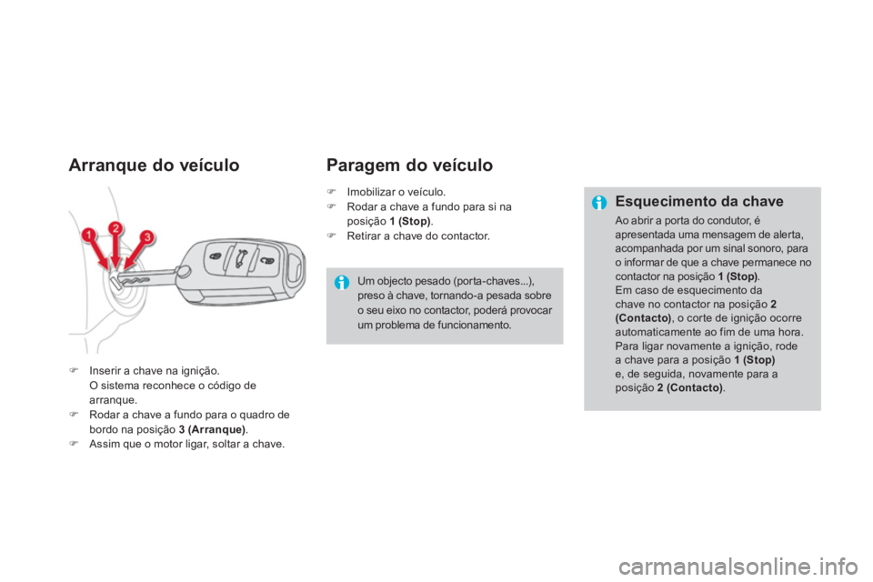 CITROEN DS4 2013  Manual do condutor (in Portuguese) Arranque do veículo 
�)Inserir a chave na ignição.
O sistema reconhece o código de arranque. �)Rodar a chave a fundo para o quadro debordo na posição 3 (Arranque).�)Assim que o motor ligar, solt