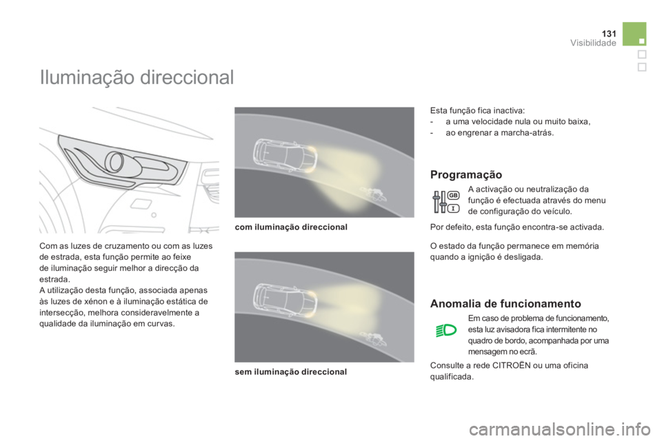 CITROEN DS4 2013 Manual do condutor (in Portuguese) 131Visibilidade
Iluminação direccional
Com as luzes de cruzamento ou com as luzes
de estrada, esta função permite ao feixe
de iluminação seguir melhor a direcção da
est CITROEN DS4 2013 Manual do condutor (in Portuguese) 131Visibilidade
Iluminação direccional
Com as luzes de cruzamento ou com as luzes
de estrada, esta função permite ao feixe
de iluminação seguir melhor a direcção da
est