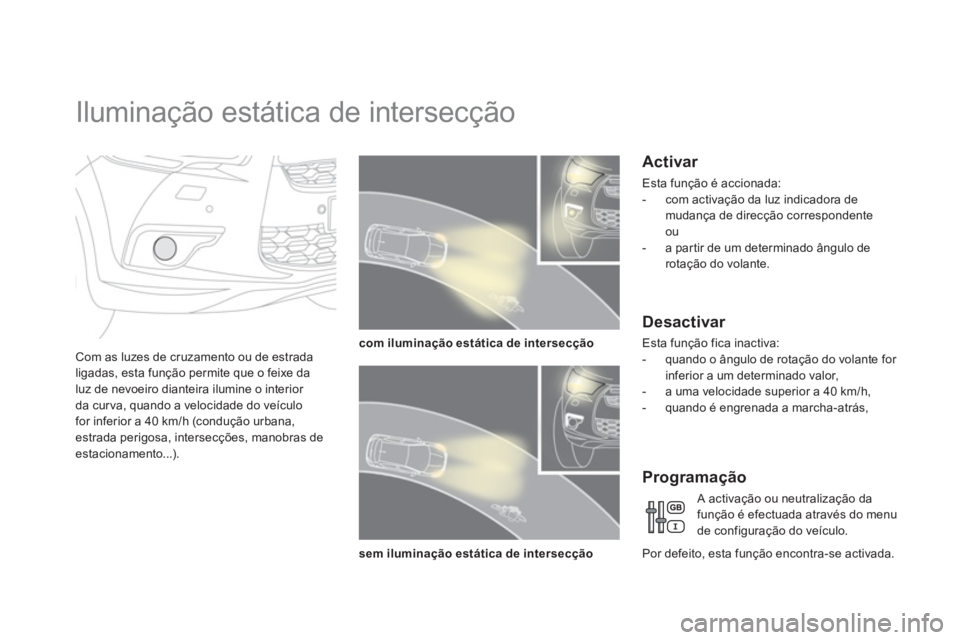 CITROEN DS4 2013 Manual do condutor (in Portuguese)
Iluminação estática de intersecção
Com as luzes de cruzamento ou de estrada
ligadas, esta função permite que o feixe da
l
uz de nevoeiro dianteira ilumine o interior
da cur CITROEN DS4 2013 Manual do condutor (in Portuguese)
Iluminação estática de intersecção
Com as luzes de cruzamento ou de estrada
ligadas, esta função permite que o feixe da
l
uz de nevoeiro dianteira ilumine o interior
da cur