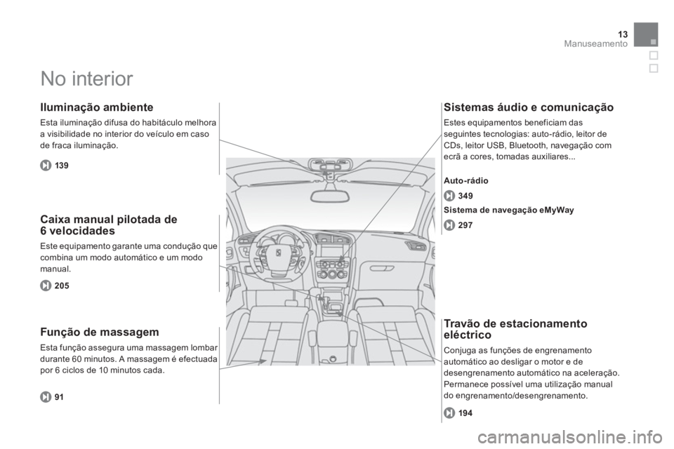 CITROEN DS4 2013  Manual do condutor (in Portuguese) 13Manuseamento
  No interior  
 
 
Caixa manual pilotada de6 velocidades
 Este equipamento garante uma condução que combina um modo automático e um modo manual.
 
 
Iluminação ambiente
 
Esta ilu