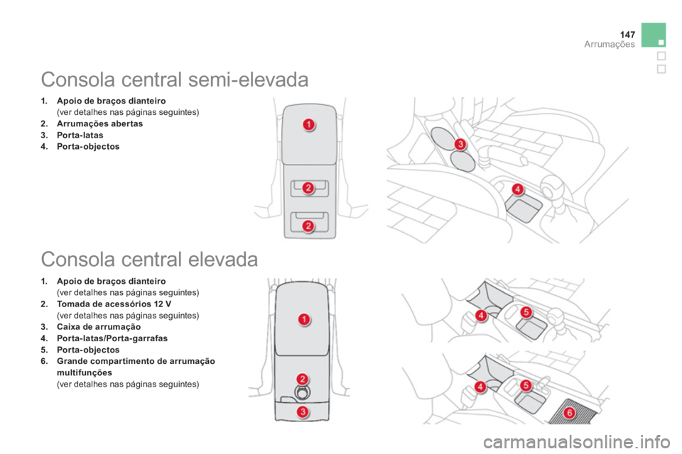 CITROEN DS4 2013  Manual do condutor (in Portuguese) 147Arrumações
   
 
 
 
 
 
 
 
 
 
 
 
 
Consola central semi-elevada 
1.Apoio de braços dianteiro
 (ver detalhes nas páginas seguintes)2.Arrumações aber tas3.Porta-latas4. 
  Porta-objectos
 
