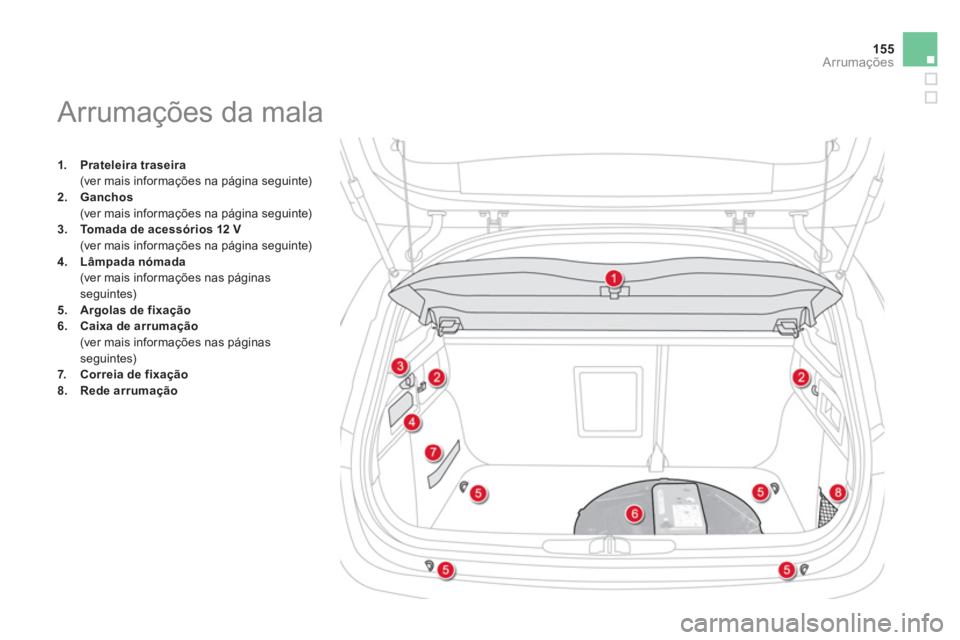 CITROEN DS4 2013  Manual do condutor (in Portuguese) 155
Arrumações
1.Prateleira traseira
 (ver mais informações na página seguinte) 2.Ganchos (ver mais informações na página seguinte) 
3.Tomada de acessórios 12 V
  (ver mais informações na p