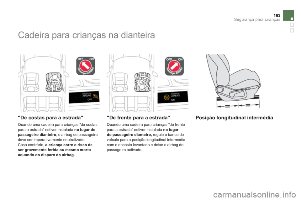 CITROEN DS4 2013 Manual do condutor (in Portuguese) Segurança para crianças
Cadeira para crianças na dianteira
"De costas para a estrada"
Quando uma cadeira para crianças "de costas para a estrada" estiver instalada no lugar do passageiro CITROEN DS4 2013 Manual do condutor (in Portuguese) Segurança para crianças
Cadeira para crianças na dianteira
"De costas para a estrada"
Quando uma cadeira para crianças "de costas para a estrada" estiver instalada no lugar do passageiro
