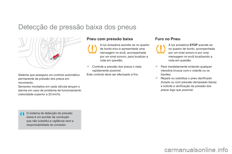 CITROEN DS4 2013  Manual do condutor (in Portuguese)    
 
 
 
 
 
 
 
Detecção de pressão baixa dos pneus 
Sistema que assegura um controlo automáticopermanente da pressão dos pneus em movimento.Sensores montados em cada válvula lançam o alarme 