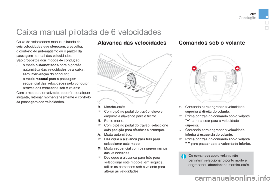 CITROEN DS4 2013  Manual do condutor (in Portuguese) 205
Condução
   Caixa de velocidades manual pilotada deseis velocidades que oferecem, à escolha, 
o confor to do automatismo ou o prazer dapassagem manual das velocidades.
  São propostos dois mod