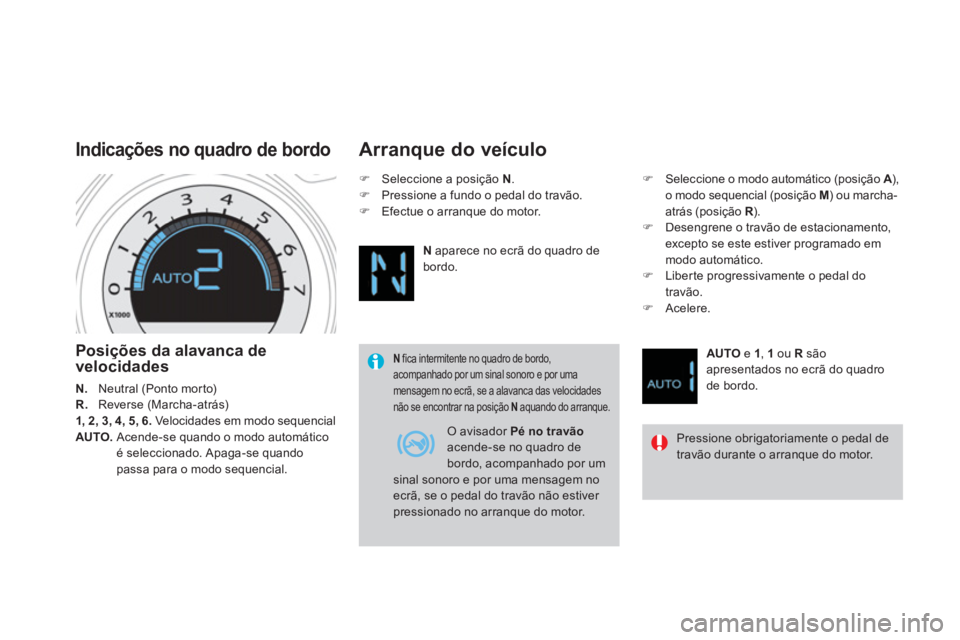 CITROEN DS4 2013  Manual do condutor (in Portuguese) Posições da alavanca de velocidades
N.   Neutral (Ponto morto) R.Reverse (Marcha-atrás)1, 2, 3, 4, 5, 6.Velocidades em modo sequencialAUTO. 
  Acende-se quando o modo automático é seleccionado. A