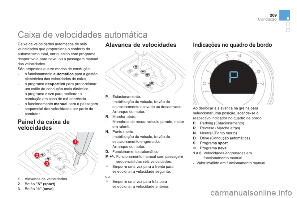 CITROEN DS4 2013  Manual do condutor (in Portuguese) Condução
   
 
 
 
 
 
 
 
 
 
 
 
 
 
Caixa de velocidades automática 
 
 Painel da caixa de
velocidades
 Caixa de velocidades automática de seis
velocidades 
que proporciona o conforto do
automa