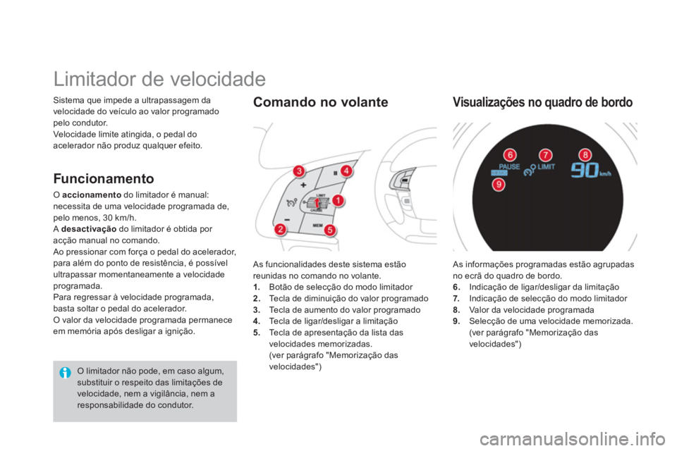 CITROEN DS4 2013 Manual do condutor (in Portuguese) Sistema que impede a ultrapassagem da
velocidade do veículo ao valor programado pelo condutor.
Velocidade limite atingida, o pedal do acelerador não produz qualquer efeito.
Limitador CITROEN DS4 2013 Manual do condutor (in Portuguese) Sistema que impede a ultrapassagem da
velocidade do veículo ao valor programado pelo condutor.
Velocidade limite atingida, o pedal do acelerador não produz qualquer efeito.
Limitador