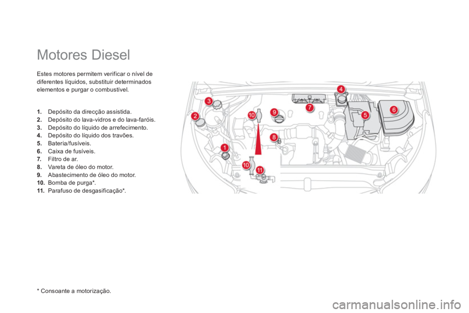 CITROEN DS4 2013  Manual do condutor (in Portuguese)    
 
 
 
 
 
 
 
 
 
 
 
 
Motores Diesel 
Estes motores permitem verificar o nível de
di
ferentes líquidos, substituir determinadoselementos e purgar o combustível. 
1.   Depósito da direcção 