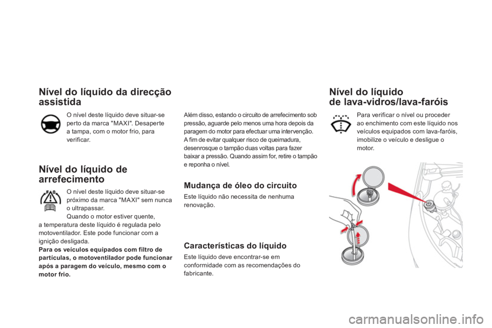 CITROEN DS4 2013  Manual do condutor (in Portuguese)    
Mudança de óleo do circuito 
 
Este líquido não necessita de nenhuma renovação.
 
 
Características do líquido
 
Este líquido deve encontrar-se em conformidade com as recomendações do
f