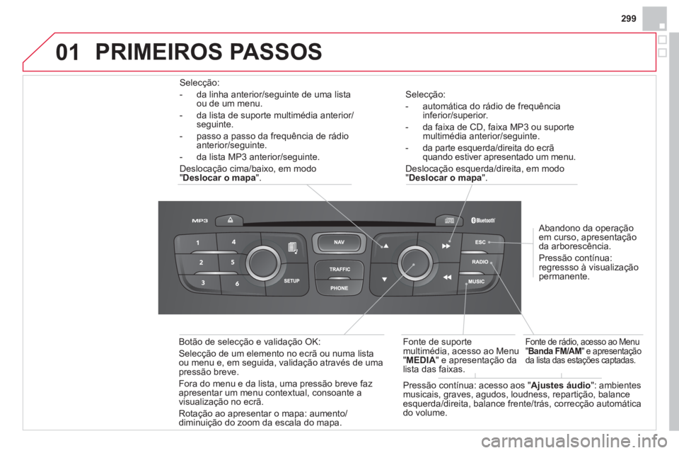 CITROEN DS4 2013 Manual do condutor (in Portuguese) 299
01
Selecção:
- automática do rádio de
frequência
inferior/superior.
- da faixa de CD, faixa MP3 ou su
porte multimédia anterior/seguinte.
- da parte esquerda
/direita do ecrã quand CITROEN DS4 2013 Manual do condutor (in Portuguese) 299
01
Selecção:
- automática do rádio de
frequência
inferior/superior.
- da faixa de CD, faixa MP3 ou su
porte multimédia anterior/seguinte.
- da parte esquerda
/direita do ecrã quand