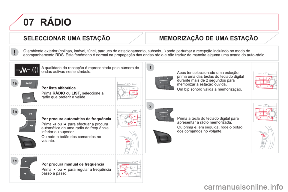 CITROEN DS4 2013  Manual do condutor (in Portuguese) 07
1a
1b
1c
1
2
Por lista alfabética 
Prim
a  RÁDIO 
 ou  LIST 
, seleccione a 
rádio que preferir e valide.  
Por 
procura automática de frequência 
Prim
a  �ou �   para efectuar a procuraauto