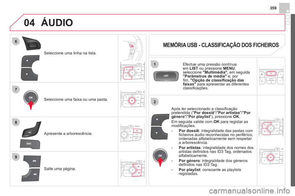 CITROEN DS4 2013 Manual do condutor (in Portuguese) 359
7
6
8
9
2
1
04
Seleccione uma linha na lista.
Seleccione uma faixa ou uma pasta.
Salte uma página.
Apresente a arborescência.
ÁUDIO
MEMÓRIA USB - CLASSIFICAÇÃO D CITROEN DS4 2013 Manual do condutor (in Portuguese) 359
7
6
8
9
2
1
04
Seleccione uma linha na lista.
Seleccione uma faixa ou uma pasta.
Salte uma página.
Apresente a arborescência.
ÁUDIO
MEMÓRIA USB - CLASSIFICAÇÃO D