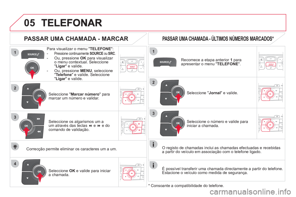CITROEN DS4 2013 Manual do condutor (in Portuguese)
1
2
1
4
2
33
05
Para visualizar o menu "TELEFONE
": -Pressione continuamente SOURCEou SRC.- Ou, pressione OK
para visualizar o menu contextual. Seleccione
"Ligar" e valide.r- Ou, pressione CITROEN DS4 2013 Manual do condutor (in Portuguese)
1
2
1
4
2
33
05
Para visualizar o menu "TELEFONE
": -Pressione continuamente SOURCEou SRC.- Ou, pressione OK
para visualizar o menu contextual. Seleccione
"Ligar" e valide.r- Ou, pressione