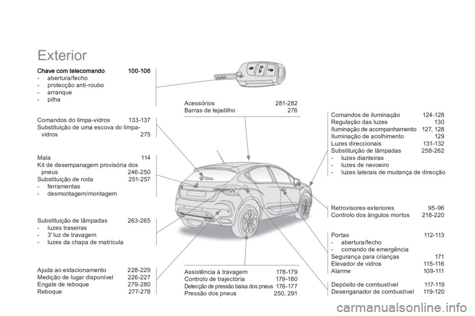 CITROEN DS4 2013 Manual do condutor (in Portuguese) Exterior
- abertura/fecho- protecção anti-roubo
- arranque- pilha
Comandos de iluminação 124-128
Regulação das luzes 130
Iluminação de acompanhamento 127, 128
Iluminação CITROEN DS4 2013 Manual do condutor (in Portuguese) Exterior
- abertura/fecho- protecção anti-roubo
- arranque- pilha
Comandos de iluminação 124-128
Regulação das luzes 130
Iluminação de acompanhamento 127, 128
Iluminação