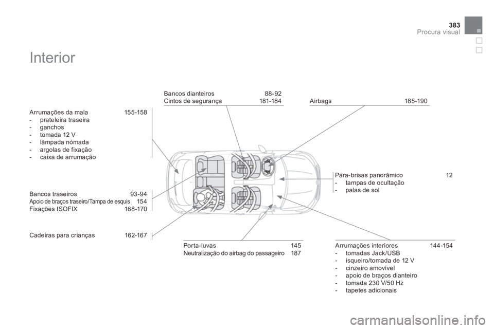CITROEN DS4 2013 Manual do condutor (in Portuguese) 383Procura visual
Interior
Arrumações da mala 155 -158
- prateleira traseira
-
ganchos
- tomada 12 V
- lâmpada nómada
- argolas de fixação
- caixa d CITROEN DS4 2013 Manual do condutor (in Portuguese) 383Procura visual
Interior
Arrumações da mala 155 -158
- prateleira traseira
-
ganchos
- tomada 12 V
- lâmpada nómada
- argolas de fixação
- caixa d