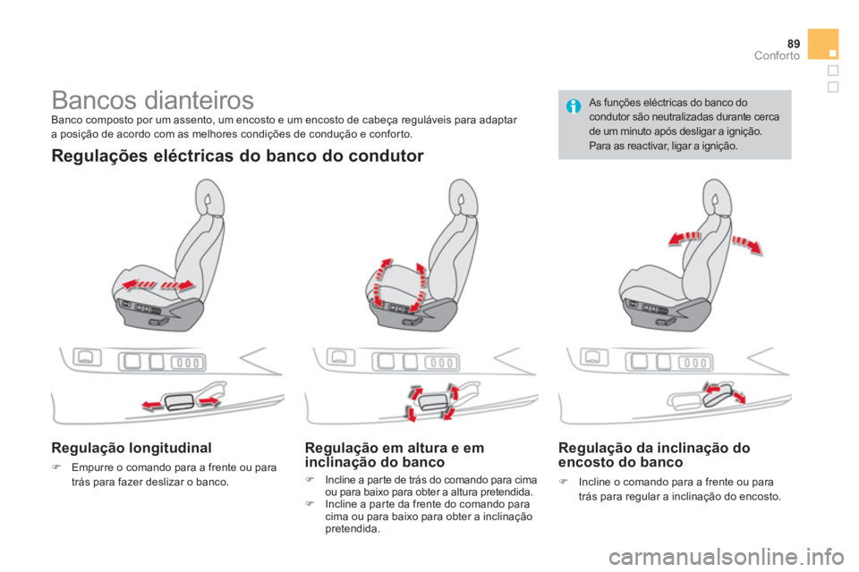 CITROEN DS4 2013  Manual do condutor (in Portuguese) 89Conforto
   
 
 
 
 
 
 
 
 
 
 
Bancos dianteiros  
Banco composto por um assento, um encosto e um encosto de cabeça reguláveis para adaptar 
a posição de acordo com as melhores condições de 