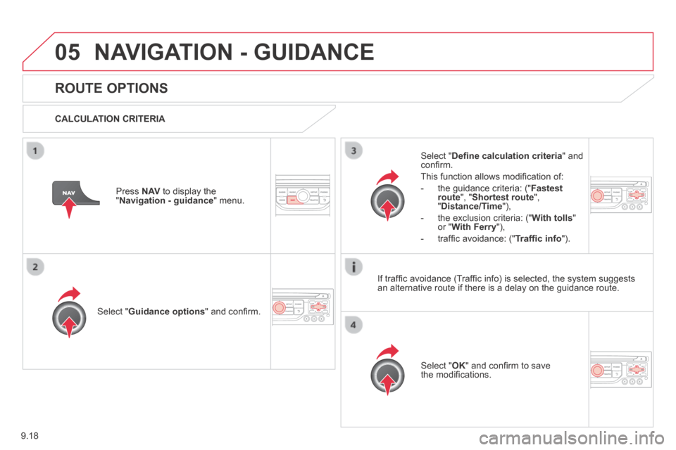 Citroen JUMPY MULTISPACE 2014 2.G Owners Manual 9.18
05
JUMPY-ATLANTE-VP_EN_CHAP09B_RT6-2-7_ED01-2014
NAVIGATION - GUIDANCE
ROUTE OPTIONS
CALCULATION CRITERIA
Select " Guidance options " and confi rm.
Select " OK " and confi rm to Citroen JUMPY MULTISPACE 2014 2.G Owners Manual 9.18
05
JUMPY-ATLANTE-VP_EN_CHAP09B_RT6-2-7_ED01-2014
NAVIGATION - GUIDANCE
ROUTE OPTIONS
CALCULATION CRITERIA
Select " Guidance options " and confi rm.
Select " OK " and confi rm to