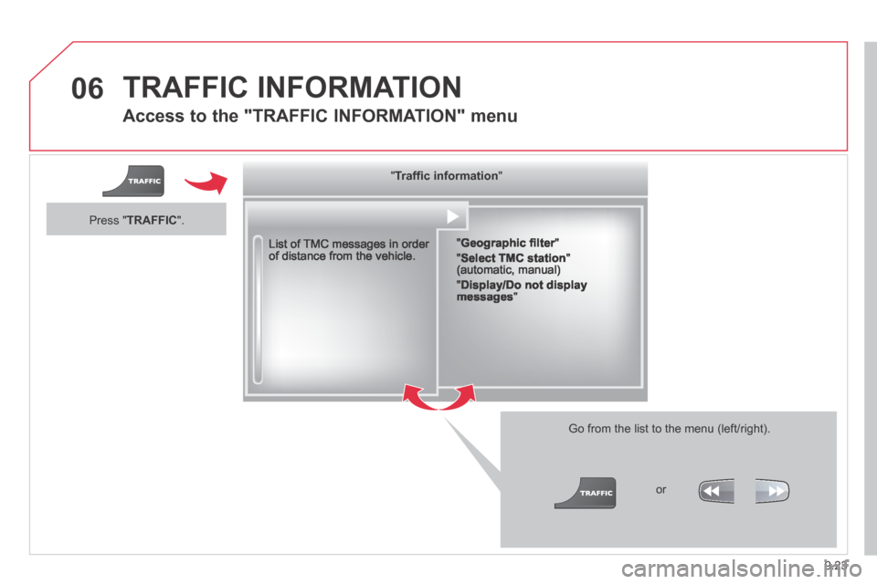 Citroen JUMPY MULTISPACE 2014 2.G Owners Manual 9.23
06
JUMPY-ATLANTE-VP_EN_CHAP09B_RT6-2-7_ED01-2014
 TRAFFIC  INFORMATION 
  Access to the "TRAFFIC INFORMATION" menu 
  List of TMC messages in order of distance from the vehicle.  
  Go from the l
