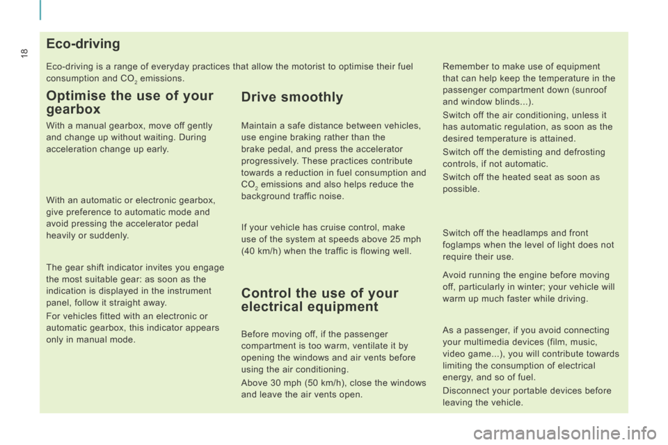 Citroen JUMPY MULTISPACE 2014 2.G Owners Manual 18
JUMPY-ATLANTE-VP_EN_CHAP01_PRISE EN MAIN_ED01-2014
Eco-driving 
 Eco-driving is a range of everyday practices that allow the motorist to \
optimise their fuel 
consumption and CO
2 emissions. 
  Op