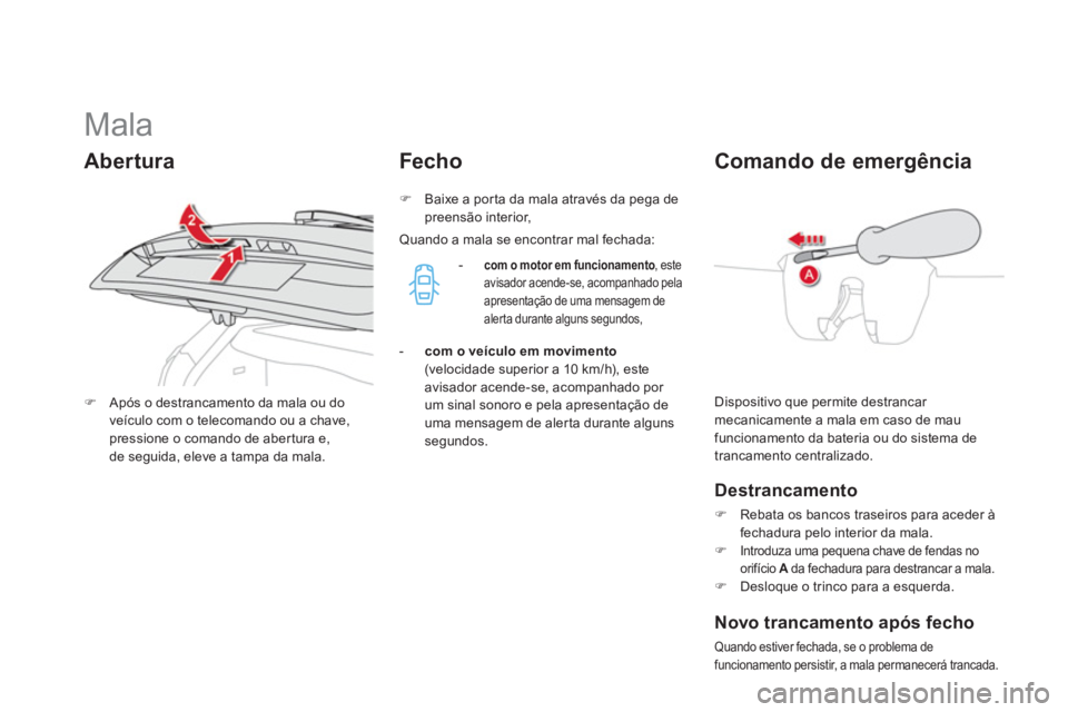 CITROEN DS4 2011  Manual do condutor (in Portuguese)    
 
 
 
 
 
 
 
 
 
 
 
 
 
 
 
 
Mala 
 
Dispositivo que permite destrancar 
mecanicamente a mala em caso de mau 
funcionamento da bateria ou do sistema de 
trancamento centralizado. 
   
 
 
 
 
 