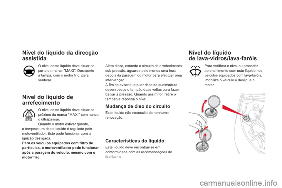 CITROEN DS4 2011  Manual do condutor (in Portuguese)    
Mudança de óleo do circuito 
 
Este líquido não necessita de nenhuma 
renovação.  
 
 
Características do líquido 
 
Este líquido deve encontrar-se em 
conformidade com as recomendações