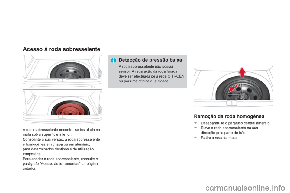 CITROEN DS4 2011 Manual do condutor (in Portuguese) A roda sobresselente encontra-se instalada na
mala sob a super fície inferior.
Consoante a sua versão, a roda sobresselente
é homogénea em chapa ou em alumínio;
para determinados destinos CITROEN DS4 2011 Manual do condutor (in Portuguese) A roda sobresselente encontra-se instalada na
mala sob a super fície inferior.
Consoante a sua versão, a roda sobresselente
é homogénea em chapa ou em alumínio;
para determinados destinos