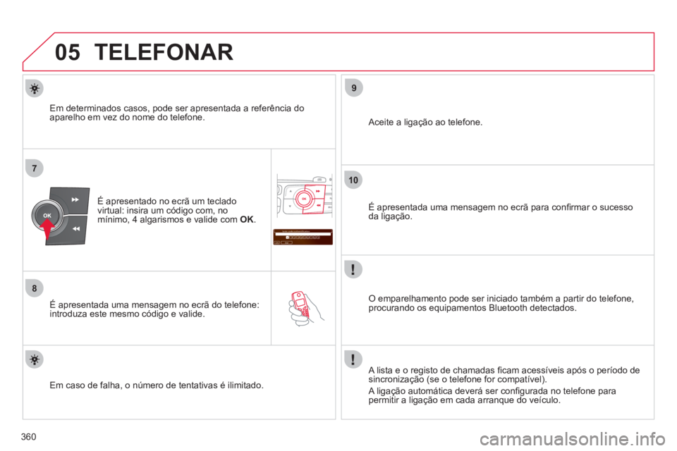 CITROEN DS4 2011 Manual do condutor (in Portuguese) 360
05
7
8
Saisir code authentification
01
OK Del23456789 _
9
10
TELEFONAR
É apresentado no ecrã um teclado
virtual: insira um código com, no
mínimo, 4 algarismos e valide com OK
.
CITROEN DS4 2011 Manual do condutor (in Portuguese) 360
05
7
8
Saisir code authentification
01
OK Del23456789 _
9
10
TELEFONAR
É apresentado no ecrã um teclado
virtual: insira um código com, no
mínimo, 4 algarismos e valide com OK
.