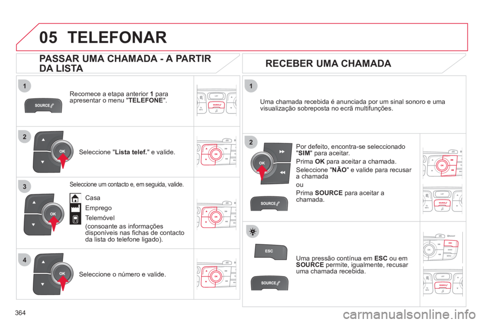 CITROEN DS4 2011 Manual do condutor (in Portuguese) 364
1
2
1
4
2
3
05 TELEFONAR
Recomece a etapa anterior 1
para
apresentar o menu " TELEFONE
".
Seleccione " Lista telef.
" e valide.
Uma chamada recebida é anunciada por um CITROEN DS4 2011 Manual do condutor (in Portuguese) 364
1
2
1
4
2
3
05 TELEFONAR
Recomece a etapa anterior 1
para
apresentar o menu " TELEFONE
".
Seleccione " Lista telef.
" e valide.
Uma chamada recebida é anunciada por um