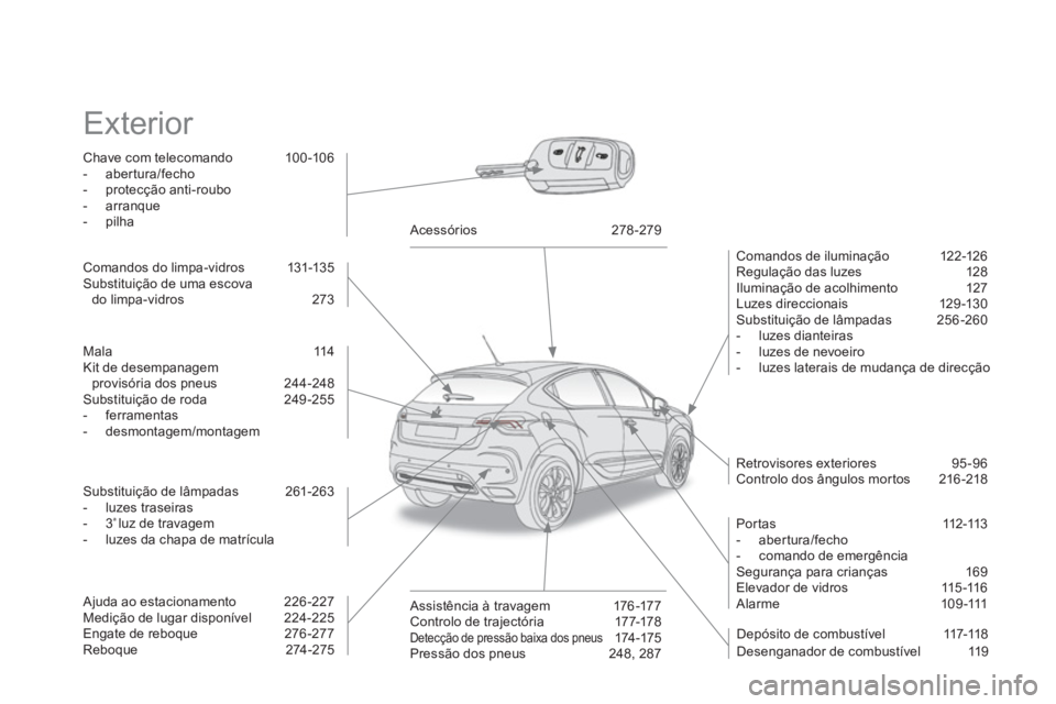 CITROEN DS4 2011 Manual do condutor (in Portuguese) Exterior
Chave com telecomando 100 -106
- abertura/fecho
- protecção anti-roubo
- arranque
- pilha
Comandos de iluminação 122-126
Regulação das luz CITROEN DS4 2011 Manual do condutor (in Portuguese) Exterior
Chave com telecomando 100 -106
- abertura/fecho
- protecção anti-roubo
- arranque
- pilha
Comandos de iluminação 122-126
Regulação das luz