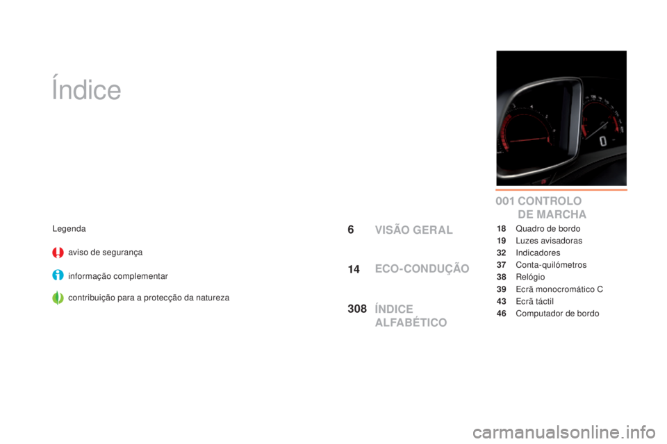 CITROEN DS5 2016  Manual do condutor (in Portuguese) 0 01
DS5_pt_Chap00a_sommaire_ed02-2015
Índice
CONTROLO 
de MARCHA
Legendaaviso de segurança
informação complementar
contribuição para a protecção da natureza 18 Qua
dro de bordo
19
 Luz

es av