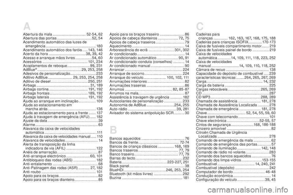 CITROEN DS5 2016  Manual do condutor (in Portuguese) A
Abertura da mala ................................52-5 4, 62
Abertura das portas .................................. 52, 54
A
cendimento automático das luzes de 
emergência
 ........................