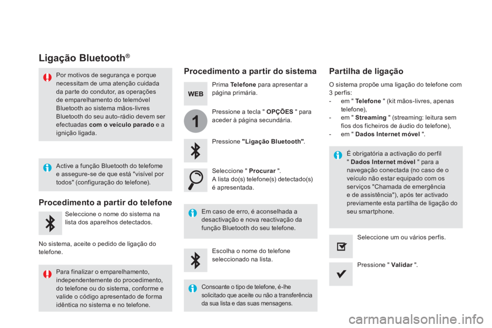 CITROEN DS5 2016  Manual do condutor (in Portuguese) 1
   
 
 
 
 
Ligação Bluetooth® 
 
 
Procedimento a partir do sistema    
Partilha de ligação  
 
 
Prima  Te l e f o n e 
 para apresentar a 
página primária.  
   
Pressione " Ligação Blue