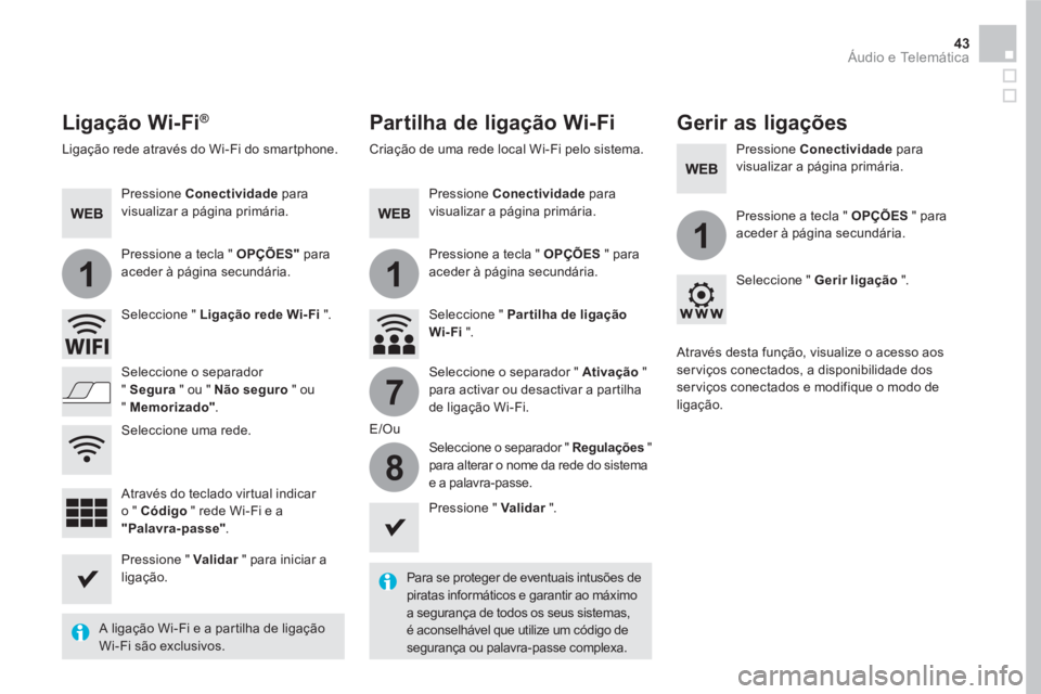 CITROEN DS5 2016  Manual do condutor (in Portuguese) 11
1
7
8
43  Áudio e Telemática 
 
 
 
 
 
 
Ligação Wi-Fi®   
Partilha de ligação Wi-Fi    
Gerir as ligações 
 
 
Para se proteger de eventuais intusões de 
piratas informáticos e garanti