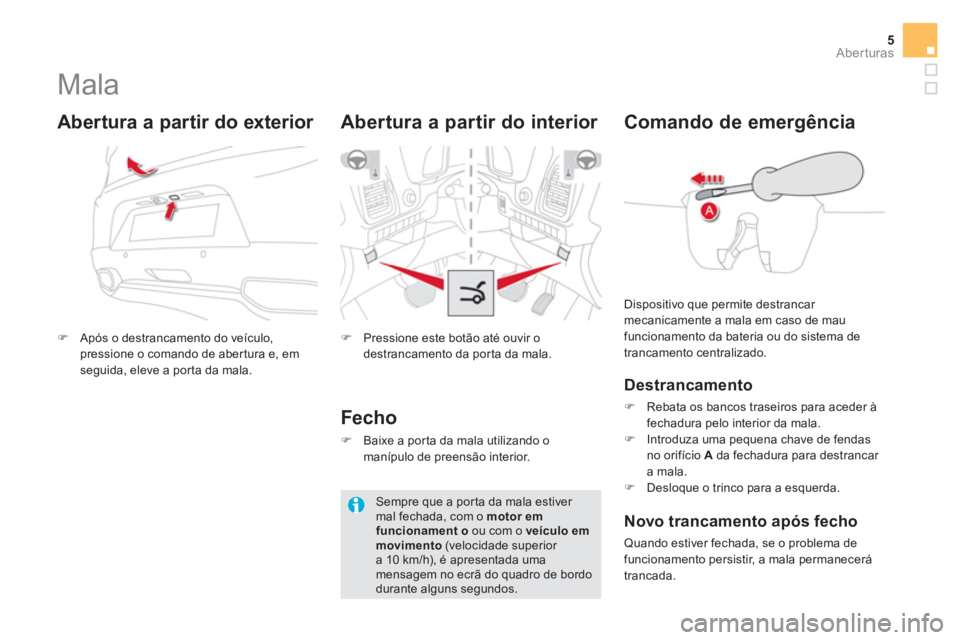 CITROEN DS5 2016  Manual do condutor (in Portuguese) 5Aberturas
   
 
 
 
 
 
 
 
Mala 
 
 
 
�) 
  Após o destrancamento do veículo, 
pressione o comando de abertura e, em 
seguida, eleve a porta da mala.  
 
 
 
Abertura a partir do exterior 
 
 
 
