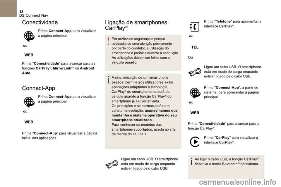 CITROEN DS5 2016  Manual do condutor (in Portuguese) 18 DS Connect Nav 
 Conectividade 
    ou    
  Prima    Connect-App   para visualizar a página principal.  
 Prima  "  Conectividade  " para avançar para as 
funções   CarPlay ® ,    MirrorLink 