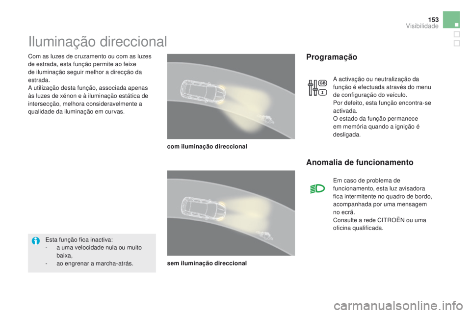 CITROEN DS5 2015 Manual do condutor (in Portuguese) 153
DS5_pt_Chap05_visibilite_ed01-2015
Com as luzes de cruzamento ou com as luzes
de estrada, esta função permite ao feixe
de iluminação seguir melhor a direcção da
estrada.
A utilização de CITROEN DS5 2015 Manual do condutor (in Portuguese) 153
DS5_pt_Chap05_visibilite_ed01-2015
Com as luzes de cruzamento ou com as luzes
de estrada, esta função permite ao feixe
de iluminação seguir melhor a direcção da
estrada.
A utilização de
