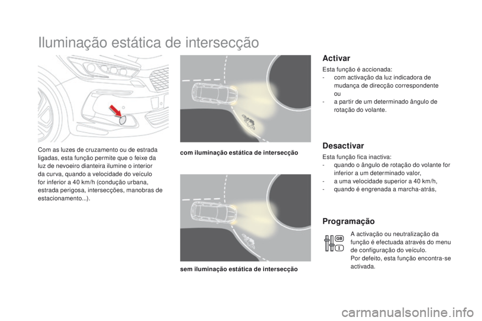 CITROEN DS5 2015 Manual do condutor (in Portuguese) DS5_pt_Chap05_visibilite_ed01-2015
Iluminação estática de intersecção
Com as luzes de cruzamento ou de estrada
ligadas, esta função permite que o feixe da
luz de nevoeiro dianteira ilumine o CITROEN DS5 2015 Manual do condutor (in Portuguese) DS5_pt_Chap05_visibilite_ed01-2015
Iluminação estática de intersecção
Com as luzes de cruzamento ou de estrada
ligadas, esta função permite que o feixe da
luz de nevoeiro dianteira ilumine o