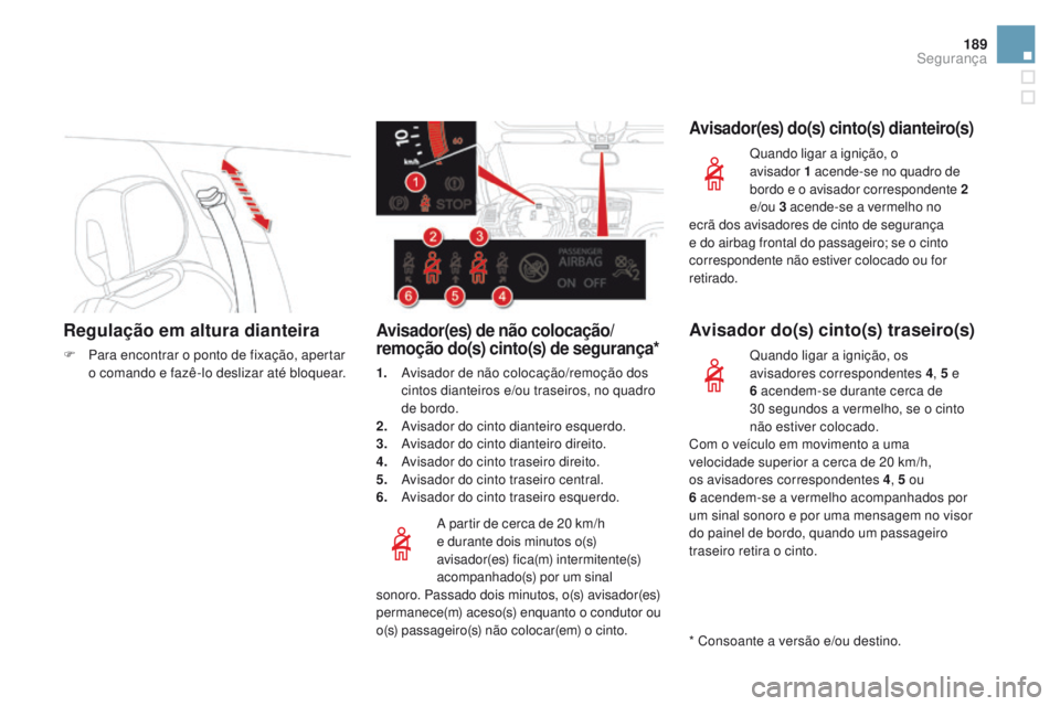 CITROEN DS5 2015 Manual do condutor (in Portuguese) 189
DS5_pt_Chap07_securite_ed01-2015
Regulação em altura dianteira
F Para encontrar o ponto de fixação, apertar o comando e fazê-lo deslizar até bloquear.
A partir de cerca de 20
km/h
e duran CITROEN DS5 2015 Manual do condutor (in Portuguese) 189
DS5_pt_Chap07_securite_ed01-2015
Regulação em altura dianteira
F Para encontrar o ponto de fixação, apertar o comando e fazê-lo deslizar até bloquear.
A partir de cerca de 20
km/h
e duran