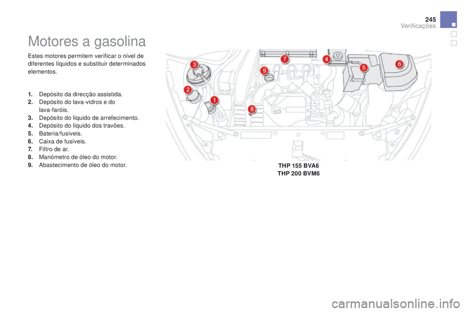 CITROEN DS5 2015  Manual do condutor (in Portuguese) 245
DS5_pt_Chap09_verifications_ed01-2015
Estes motores permitem verificar o nível de 
diferentes líquidos e substituir determinados 
elementos.
Motores a gasolina
1. Depósito da direcção assisti
