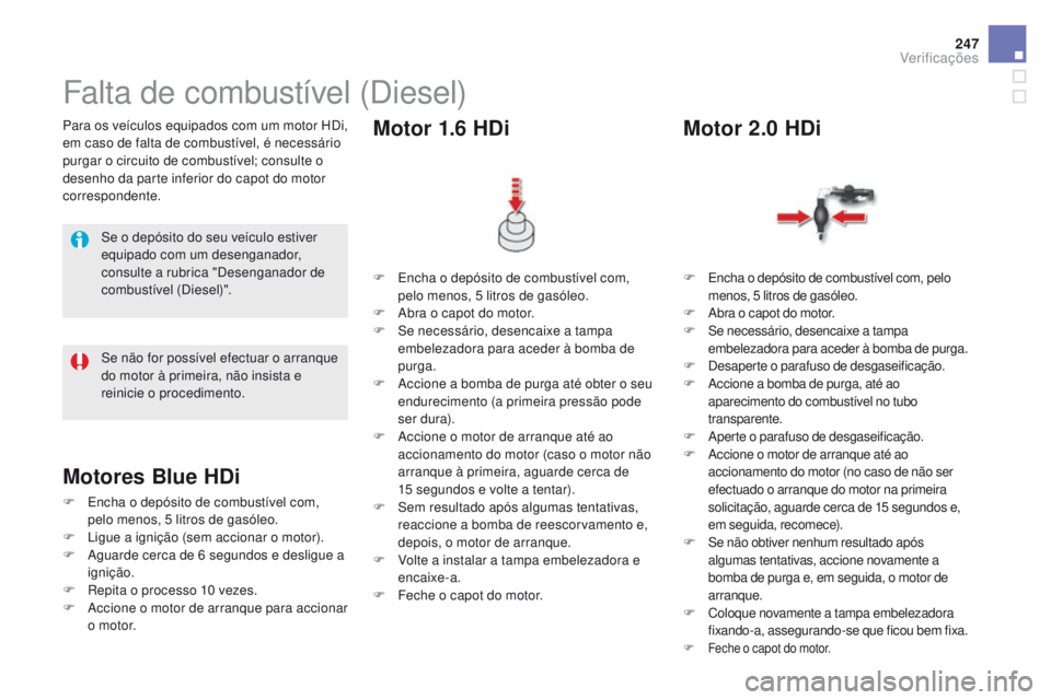 CITROEN DS5 2015  Manual do condutor (in Portuguese) 247
DS5_pt_Chap09_verifications_ed01-2015
Para os veículos equipados com um motor HDi, 
em caso de falta de combustível, é necessário 
purgar o circuito de combustível; consulte o 
desenho da par