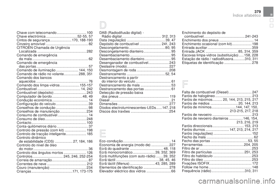 CITROEN DS5 2015 Manual do condutor (in Portuguese) 379
DS5_pt_Chap12_index-recherche_ed01-2015
Chave com telecomando ..............................10 0
Chave electrónica ................................ 5
2-55, 57
Cintos de segurança
............ CITROEN DS5 2015 Manual do condutor (in Portuguese) 379
DS5_pt_Chap12_index-recherche_ed01-2015
Chave com telecomando ..............................10 0
Chave electrónica ................................ 5
2-55, 57
Cintos de segurança
............