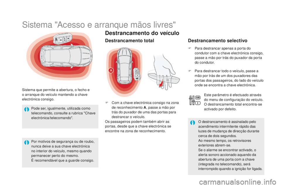 CITROEN DS5 2015  Manual do condutor (in Portuguese) DS5_pt_Chap02_ouvertures_ed01-2015
destrancamento do veículo
Sistema "Acesso e arranque mãos livres"
Sistema que permite a abertura, o fecho e 
o arranque do veículo mantendo a chave 
elect