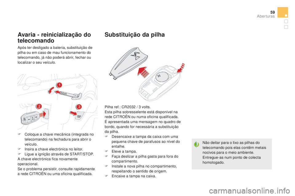CITROEN DS5 2015  Manual do condutor (in Portuguese) 59
DS5_pt_Chap02_ouvertures_ed01-2015
Não deitar para o lixo as pilhas do 
telecomando pois elas contêm metais 
nocivos para o meio ambiente.
Entregue-as num ponto de colecta 
homologado.
Substitui