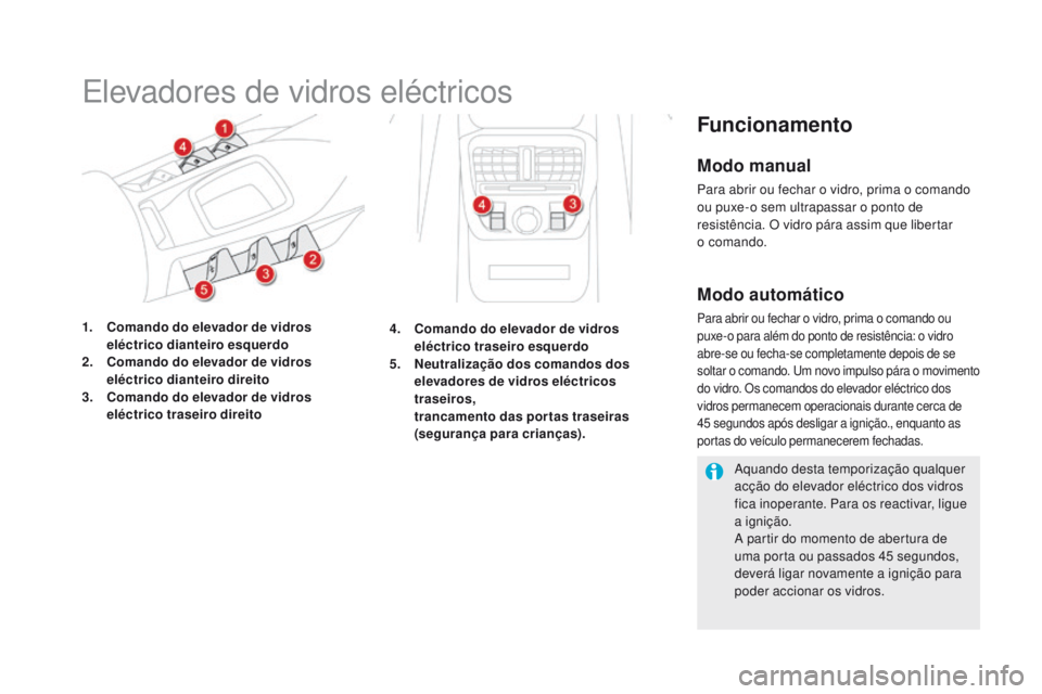 CITROEN DS5 2015  Manual do condutor (in Portuguese) DS5_pt_Chap02_ouvertures_ed01-2015
Elevadores de vidros eléctricos
1. Comando do elevador de vidros eléctrico dianteiro esquerdo
2.
 C

omando do elevador de vidros 
eléctrico dianteiro direito
3.
